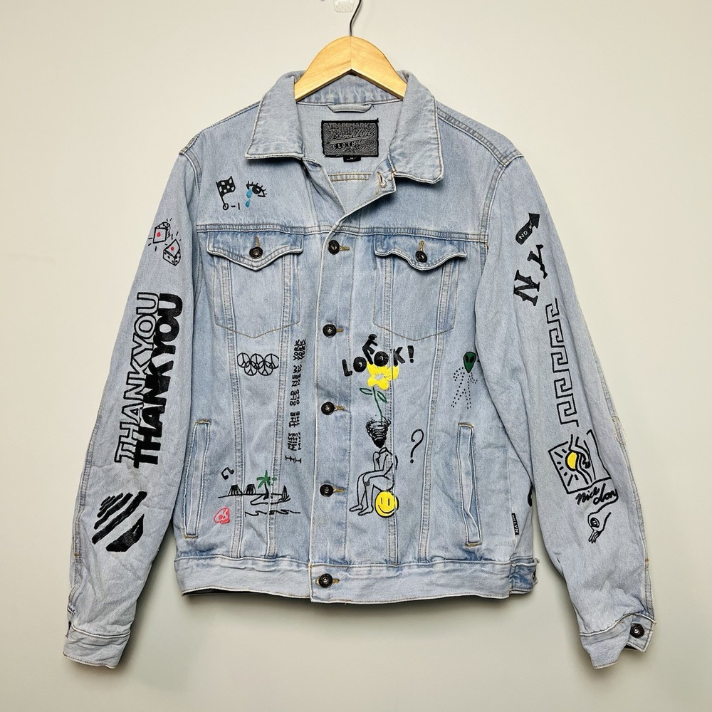 Brooklyn Cloth Denim Jacket Men's‎ M Trucker Jean Jacket Graffiti Pop Art Grunge